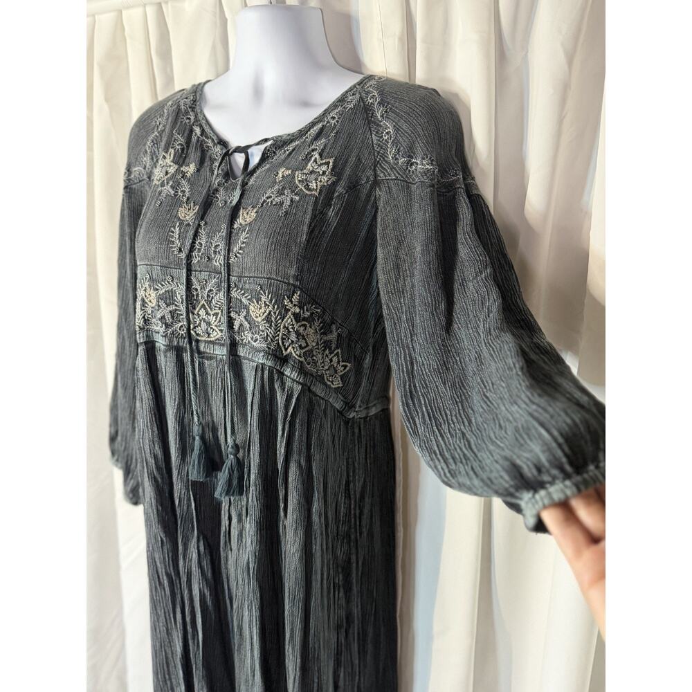 Dark Cottagecore Charcoal Gray Embroidered Boho Midi Dress Long Sleeve Size XL - Picture 2 of 8